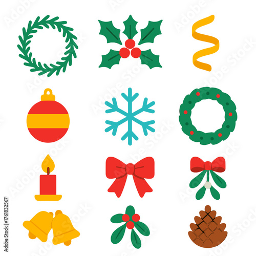 Festive Wreaths flat icons: evergreen wreath, holly leaves, pinecones, ribbon curl, star, ornament, snowflake, bow, berries, candle, bells, mistletoe.