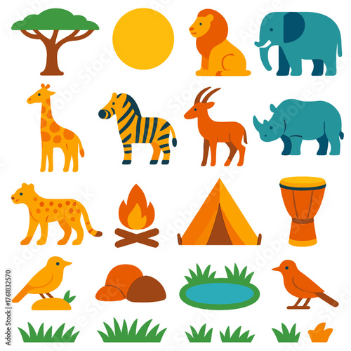 Savanna flat icons: acacia tree, grass, sun, lion, elephant, giraffe, zebra, antelope, rhino, cheetah, campfire, tent, drum, bird, rock, watering hole.