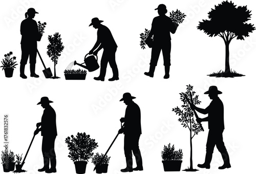 Gardening, silhouette, shovel, watering, plant, tree, pot, tool, outdoor, activity, posture, gesture, care, dig, carry, black, vector, illustration, flat, cad, drawing, nature
