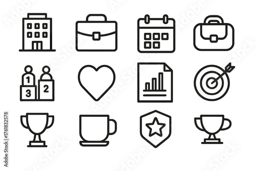 Corporate Fitness Challenges outline icon set: office building, briefcase, calendar, gym bag, leaderboard, heart icon, report chart, goal tracker, trophy, coffee cup, fitness badge
