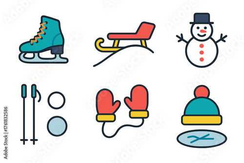 Winter Traditions Outdoor Fun flat icons: ice skates, sled on hill, snowman, mittens, ski poles, snowball, wool hat, frozen pond.
