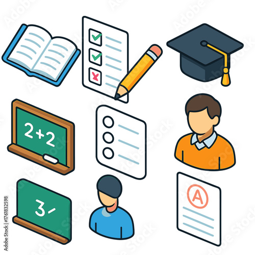 Educational Assessment set icons in modern isometric flat vector style: open book, test paper, graduation cap, pencil, chalkboard, multiple-choice sheet, teacher figure, report