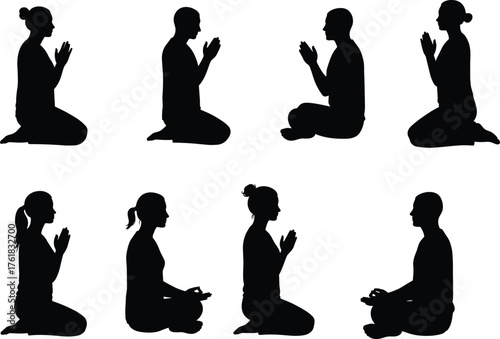 Meditation, silhouette, prayer, pose, gesture, mindfulness, spirituality, relaxation, cross-legged, kneeling, black, vector, illustration, flat, cad, drawing, calm, peaceful, inner peace, wellness, ri