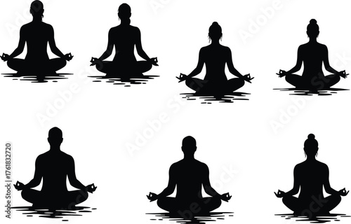Meditation, yoga, mindfulness, silhouette, reflection, peace, calm, posture, mudra, wellness, serenity, balance, spiritual, seated, pose, harmony, tranquility, cad drawing, flat vector illustration, b