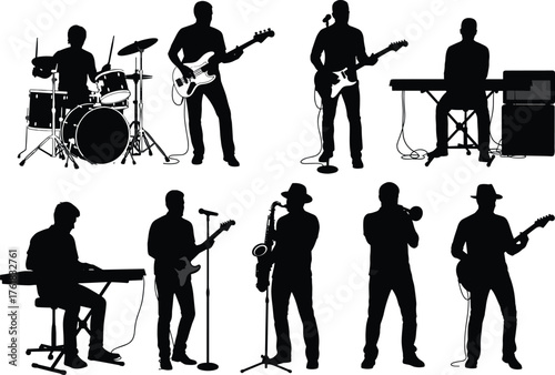  Musician, band, concert, performance, silhouette, drummer, guitarist, keyboardist, saxophonist, trumpet, microphone, stage, ensemble, jazz, rock, pop, music, instrument, cad drawing, flat vector illu