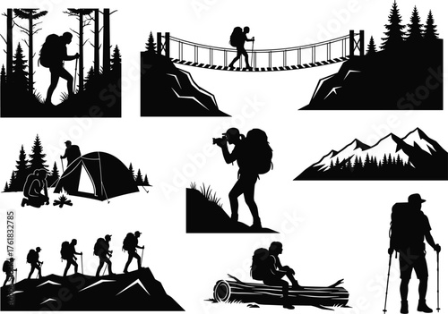 Outdoor hiking adventure, forest trekking, mountain camping, nature photography, scenic exploration, wilderness silhouette art, cad drawing flat vector illustration.eps