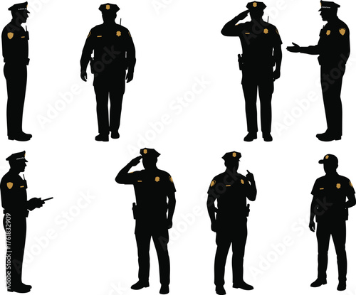 Police, officer, silhouette, uniform, badge, gesture, salute, patrol, standing, pose, hat, utility belt, authority, vector, illustration, black, gold, civic, duty, law, enforcement, cad drawing flat