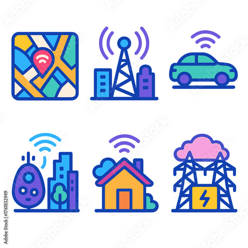 IoT in Urban Space flat icons: urban map, wifi tower, electric car, air quality sensor, connected home, smart grid. , , High resolution, sharp vector-like appearance, ideal for UI