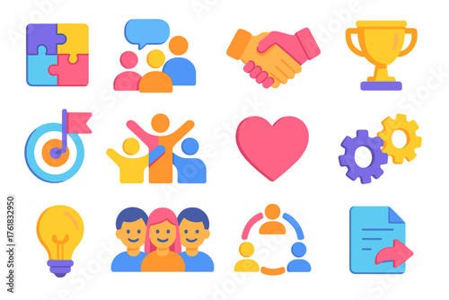 Teamplay flat isometric set: puzzle pieces, group chat, handshake, trophy icon, target flag, team unity, heart symbol, gear collaboration, lightbulb idea, smiling team, teamwork