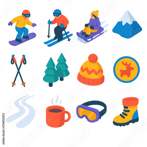 Snow Day Sports Alpine Adventure flat isometric set: snowboarder, skier, sled hill, mountain peak, ski poles, pine forest, wool hat, reindeer emblem, snow trail, hot drink, goggles