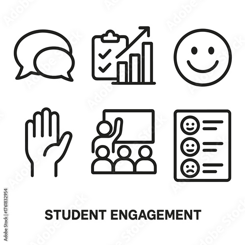 Student Engagement outline icon set: chat bubble, poll icon, reaction emoji, participation hand, interactive board, feedback form.