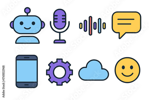 Conversational AI flat icons: chatbot, microphone, waveform, text box, smartphone, gear, cloud, smile.