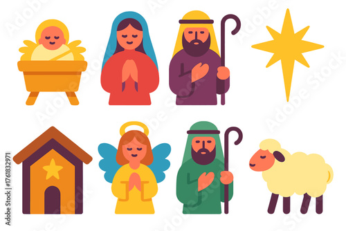 Christmas Nativity — Holy scene flat icons: manger, baby jesus, mary, joseph, star of bethlehem, stable, angel, shepherd.