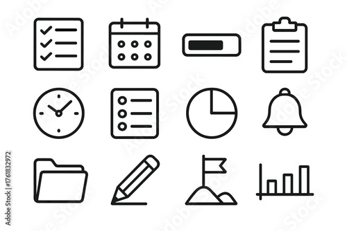 Task Management outline icon set: checklist, calendar, progress bar, clipboard, clock icon, to-do list, pie chart, reminder bell, project folder, pencil icon, milestone flag,