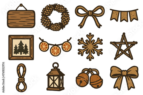 Festive Wall Decor – Rustic Charm silhouette set: wooden plaque, pinecone wreath, twine bow, burlap banner, framed forest print, dried orange garland, wooden snowflake, twig star,