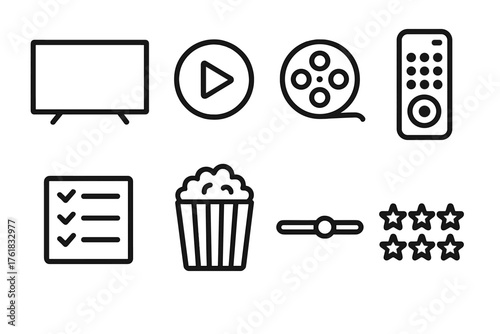 Streaming Services outline icon set: TV screen, play button, film reel, remote control, episode list, popcorn box, progress bar, rating stars.