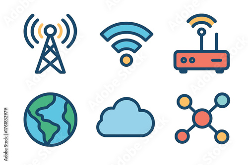 Network bandwidth flat icons: antenna, wifi signal, router, globe, cloud, nodes.