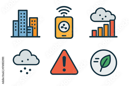 Urban Air Quality flat icons: city skyline, monitoring sensor, pollution chart, weather cloud, alert icon, clean air symbol.