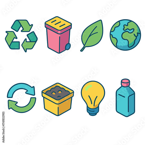 WasteReduction flat isometric set: recycle symbol, trash bin, leaf, globe, arrows loop, compost, lightbulb, bottle.