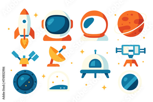 Interplanetary Travel flat icons: spacecraft, astronaut helmet, red planet, orbital path, starfield, satellite dish, lunar base, spaceship window. , , High resolution, sharp vector