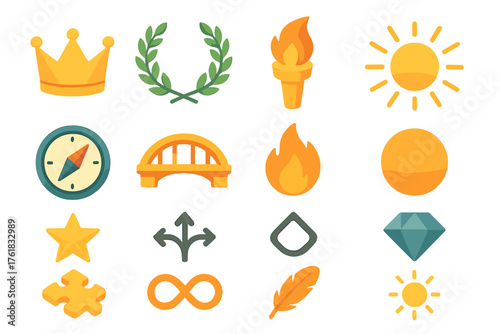 Symbolic Negotiation set icons in modern isometric flat vector style: crown, laurel wreath, torch, radiant aura, compass, bridge, flame, circle, star, infinity loop, path arrows,