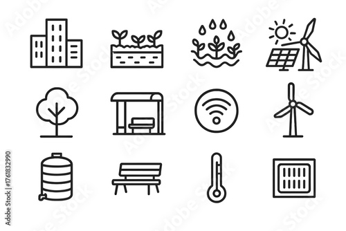 Urban Climate Adaptation outline icon set: city skyline, green roof, rain garden, solar panel, tree, bus stop shade, smart sensor, wind turbine, water tank, park bench, thermometer