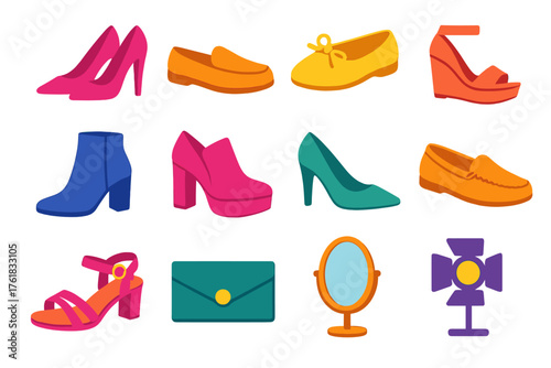 Fashion Footwear Set flat icons: high heels, loafers, ballet flats, wedges, ankle boots, platform shoes, pumps, moccasins, sandals, clutch bag, mirror, runway light.