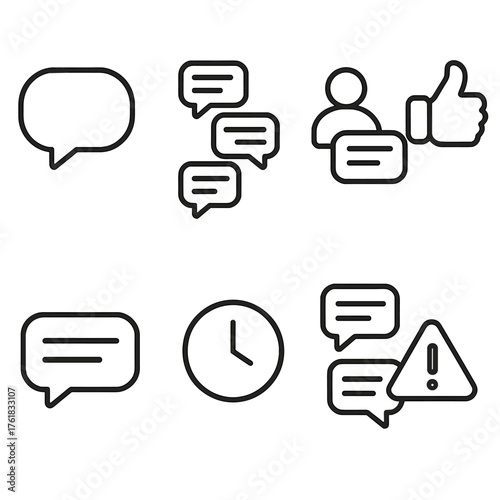 Comment Threads outline icon set: discussion bubble, reply chain, user profile, comment box, thumbs-up icon, timestamp label, conversation thread, alert icon.