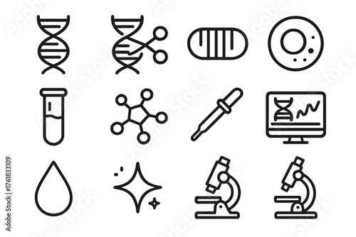 CRISPR Technology outline icon set: DNA strand, scissors, gene, cell, test tube, molecule, pipette, computer, chart, droplet, sparkle, microscope. , , High resolution, sharp vector