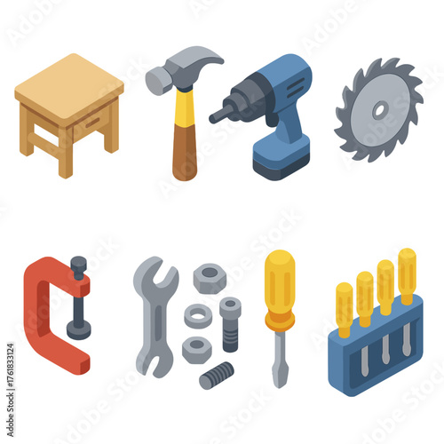 Workshop caliper set icons in modern isometric flat vector style: workbench, hammer, drill, saw blade, clamp, wrench, nuts and bolts, screwdriver set.