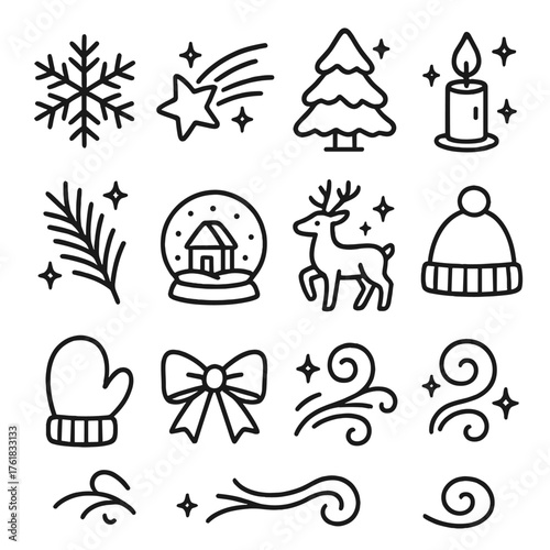 Winter Magic outline icon set: glowing snowflake, shooting star, snow-covered tree, candle, sparkles, pine branch, snow globe, reindeer, hat, mitten, ribbon, frosty swirl. , , High