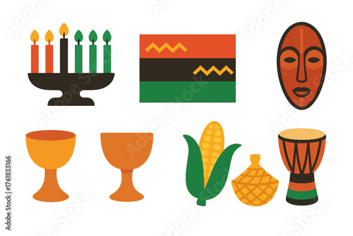 Kwanzaa Heritage flat icons: kinara candles, African pattern cloth, unity cup, corn symbol, ancestral mask, drum, woven basket, cultural colors. , , High resolution, sharp