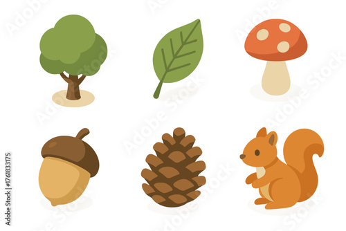 Forest life set icons in modern isometric flat vector style: tree, leaf, mushroom, acorn, pinecone, squirrel.
