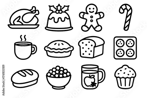 Christmas Festive Food outline icon set: roasted turkey, pudding with holly, gingerbread man, candy cane, cocoa cup, pie dish, fruitcake, cookie tray, bread loaf, cranberry bowl,