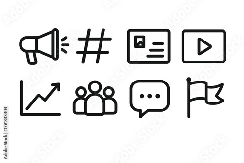 Brand Awareness outline icon set: loudspeaker, hashtag, post card, video play icon, engagement graph, audience group, message bubble, marketing flag.