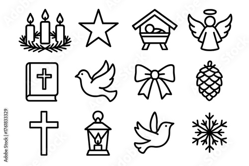 Advent Season outline icon set: four candles, wreath, star, manger, angel, Bible, dove, ribbon, pinecone, cross, lantern, snowflake.