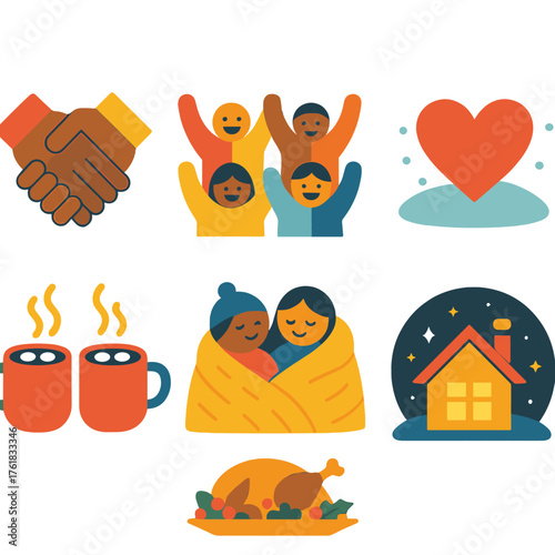 Holiday Unity flat icons: clasped hands, joyful crowd, candle circle, heart in snow, shared cocoa mugs, warm blanket, festive meal, glowing home.
