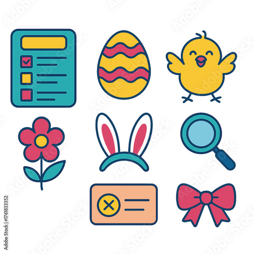 Easter Quiz flat icons: quiz board, Easter egg, playful chick, magnifying glass, spring bloom, bunny ears, answer card, ribbon bow.