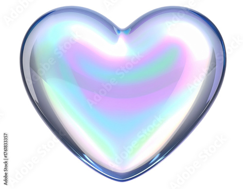 Crystal Glow Heart Sculpture Front View, Soft Iridescent Shine, Isolated on Transparent Background