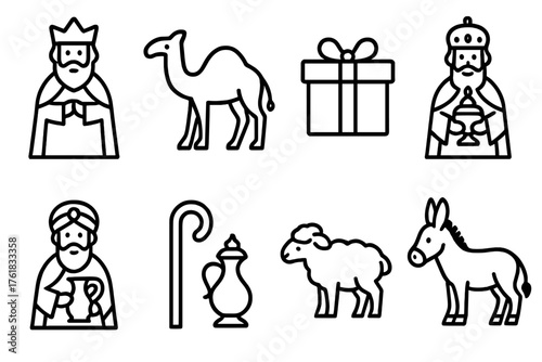 Christmas Nativity — Visitors & gifts outline icon set: wise men, camels, golden gift, frankincense jar, myrrh vessel, shepherd staff, sheep, donkey.