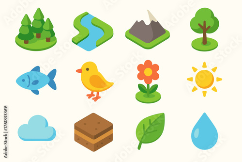 Natural Ecosystems Set flat isometric set: forest, river, mountain, tree, fish, bird, flower, sun, cloud, soil layers, leaf, water droplet.