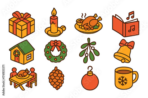 Holiday Symbols Traditions — Warm Line Art flat isometric set: wrapped gift, festive candle, table feast, singing book, decorated house, ribbon wreath, mistletoe, bell with bow,
