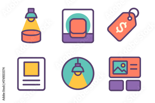 Product Display flat icons: showcase stand, product photo, price tag, description card, spotlight icon, gallery grid.