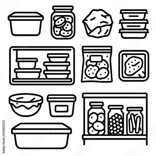 Leftovers Storage outline icon set: sealed plastic container, glass jar with food, foil-wrapped dish, stack of meal prep boxes, fridge shelf with containers, freezer bag,