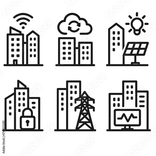 Smart City Buildings outline icon set: high-rise icon, Wi-Fi waves, cloud sync, solar energy, automated lighting, security lock, smart grid, energy dashboard. , , High resolution,