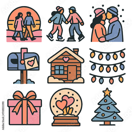 Christmas Love Moments — Dreamy Pastel Icons silhouette set: sunset walk, couple skating, hand-in-hand by fire, snowfall kiss, letterbox with heart card, cozy cabin scene,