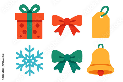 Christmas Gifts flat icons: gift box, ribbon, bow, tag, snowflake, bell.