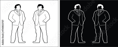 Monochrome outline figure of a gentleman in what appears to be a historical or classic suit with a prominent collar. Presented in both white on white (positive) and white on black (negative) versions.