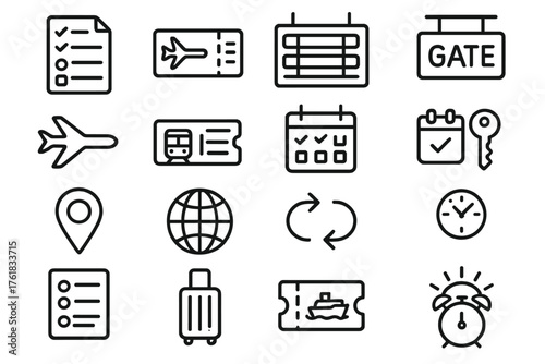 Travel Scheduling outline icon set: itinerary page, boarding pass, departure board, gate sign, airplane, train ticket, hotel calendar, car rental key, map pin, time zone globe,