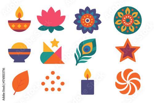 Diwali Rangoli flat icons: diya light, lotus, mandala, floral ring, color bowl, geometric shapes, peacock feather, star, leaf motif, dotted pattern, candle, petal swirl. , , High